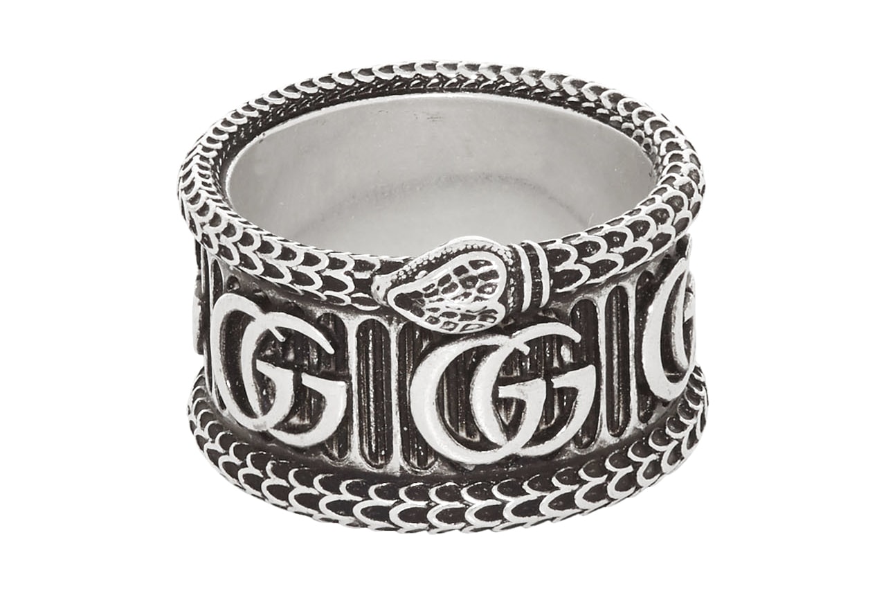Gucci Garden Silver Green Bracelet oxidized rings accessories bracelet snakes scales striped dark green resin engraved GG monogram logo
