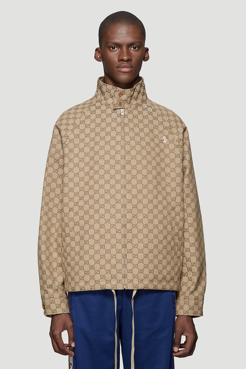 Gucci GG Logo Canvas Bomber Jacket in Beige Jacquard Track Pants Baseball Cap monogram strap white emboridery logo canvas weave cotton blend gold trim