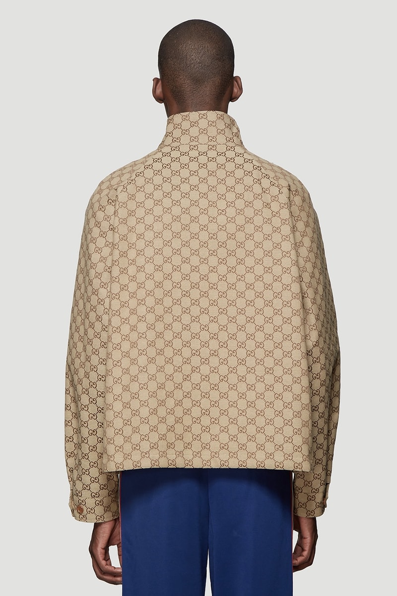 Gucci GG Logo Canvas Bomber Jacket in Beige Jacquard Track Pants Baseball Cap monogram strap white emboridery logo canvas weave cotton blend gold trim