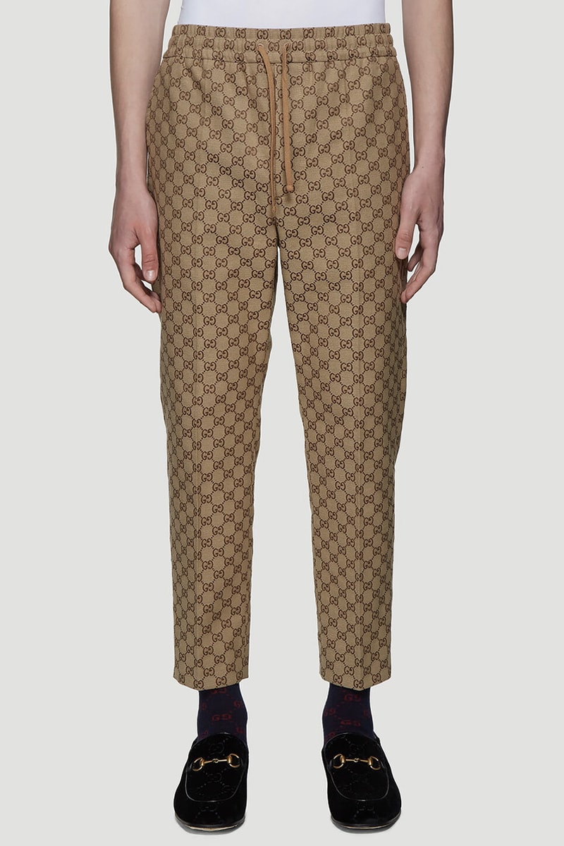 Gucci GG Logo Canvas Bomber Jacket in Beige Jacquard Track Pants Baseball Cap monogram strap white emboridery logo canvas weave cotton blend gold trim