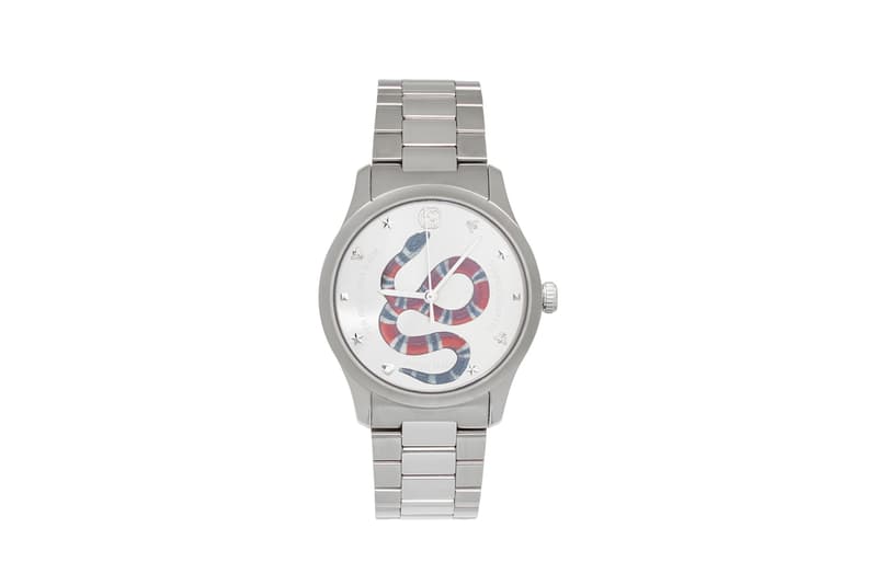 gucci swiss made stainless steel silver tone snake watch graphic applique 