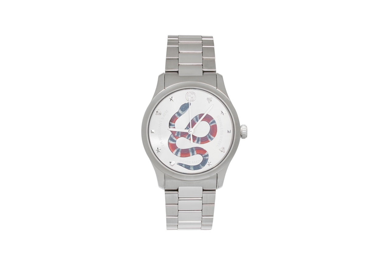 gucci swiss made stainless steel silver tone snake watch graphic applique 