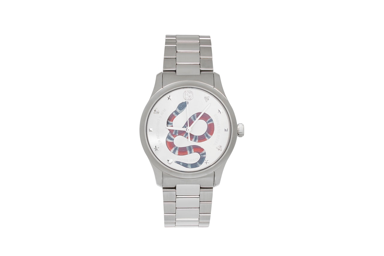 gucci swiss made stainless steel silver tone snake watch graphic applique