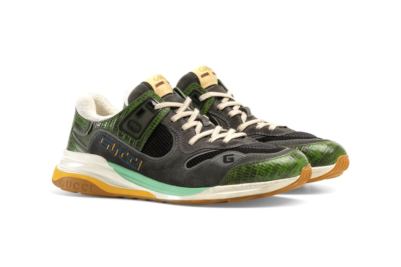 Gucci UltraPace Mixed-Materials Sneaker Green pattern multi leather hand painted sole vintage logo interlocking G detail footwear shoes designer footwear