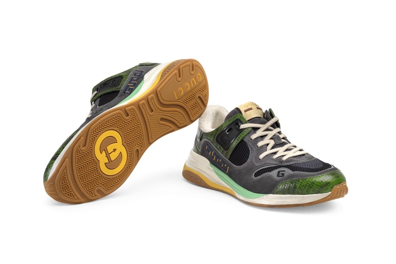Gucci UltraPace Mixed-Materials Sneaker Green pattern multi leather hand painted sole vintage logo interlocking G detail footwear shoes designer footwear