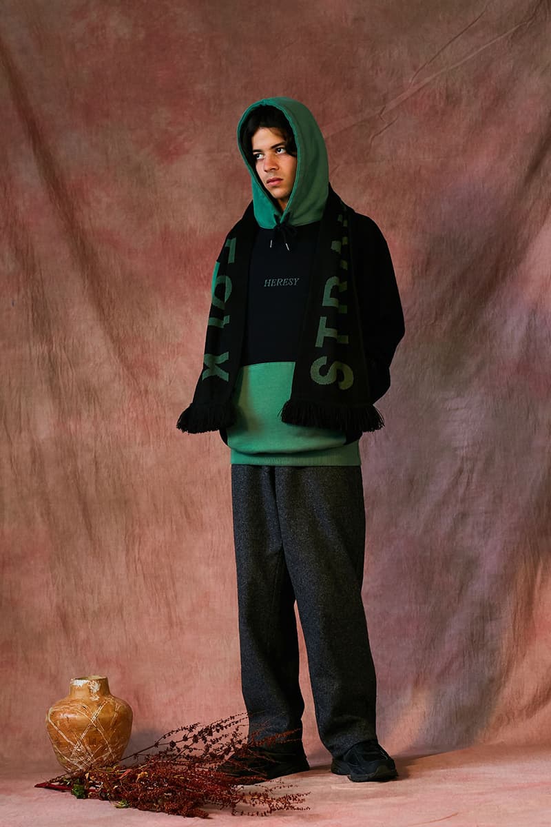 HERESY Fall Winter 2019 FW19 Collection Lookbook Arktis Collaboration "Growing" Folk Nomadic Prints Designs Blanket Scarf Outerwear Coats Camouflage Print Workwear Gloves Hats 