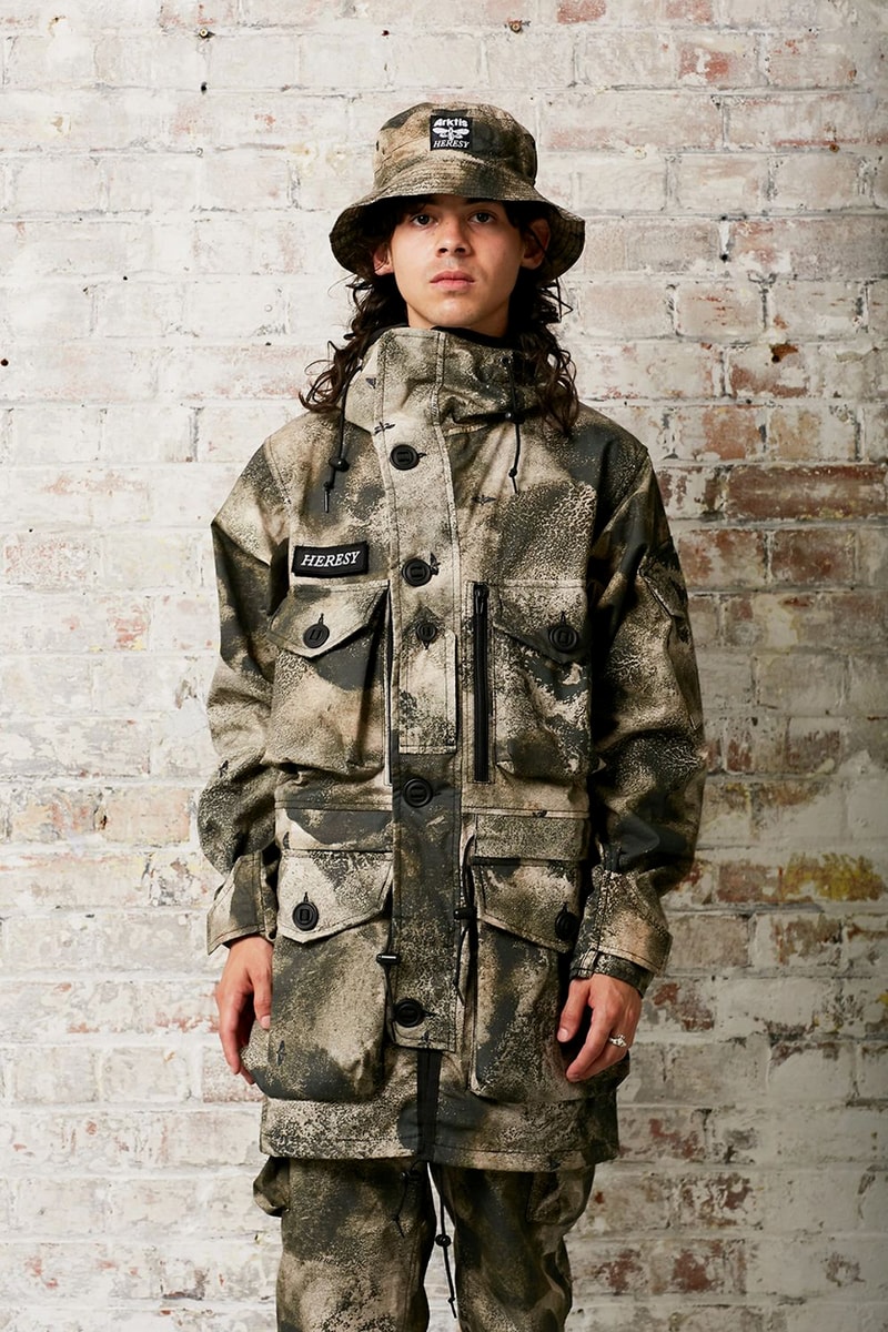 HERESY Fall Winter 2019 FW19 Collection Lookbook Arktis Collaboration "Growing" Folk Nomadic Prints Designs Blanket Scarf Outerwear Coats Camouflage Print Workwear Gloves Hats 