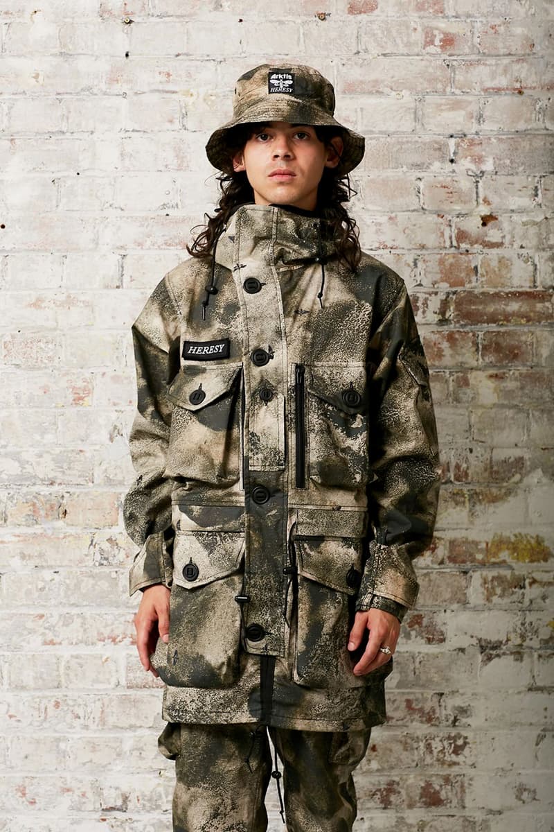 HERESY Fall Winter 2019 FW19 Collection Lookbook Arktis Collaboration "Growing" Folk Nomadic Prints Designs Blanket Scarf Outerwear Coats Camouflage Print Workwear Gloves Hats