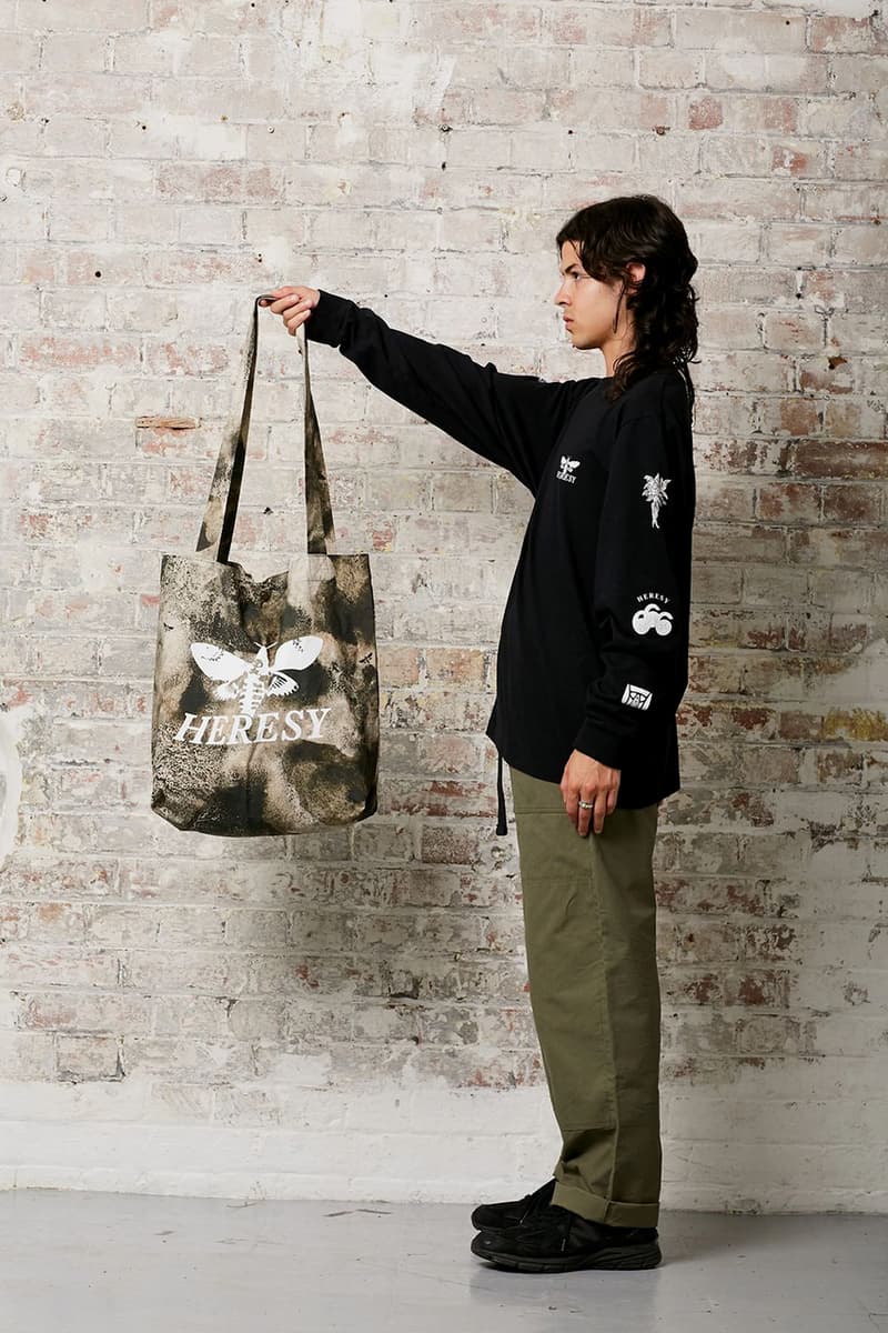 HERESY Fall Winter 2019 FW19 Collection Lookbook Arktis Collaboration "Growing" Folk Nomadic Prints Designs Blanket Scarf Outerwear Coats Camouflage Print Workwear Gloves Hats