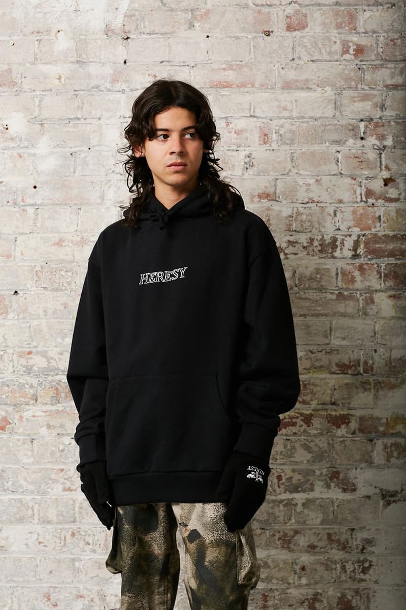 HERESY Fall Winter 2019 FW19 Collection Lookbook Arktis Collaboration "Growing" Folk Nomadic Prints Designs Blanket Scarf Outerwear Coats Camouflage Print Workwear Gloves Hats