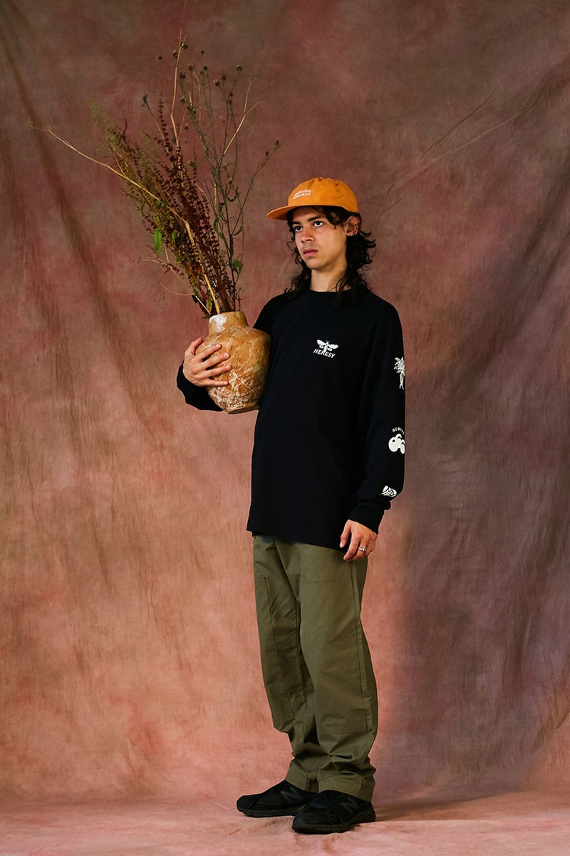 HERESY Fall Winter 2019 FW19 Collection Lookbook Arktis Collaboration "Growing" Folk Nomadic Prints Designs Blanket Scarf Outerwear Coats Camouflage Print Workwear Gloves Hats 