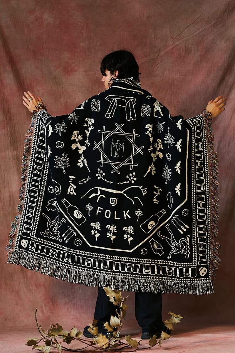 HERESY Fall Winter 2019 FW19 Collection Lookbook Arktis Collaboration "Growing" Folk Nomadic Prints Designs Blanket Scarf Outerwear Coats Camouflage Print Workwear Gloves Hats