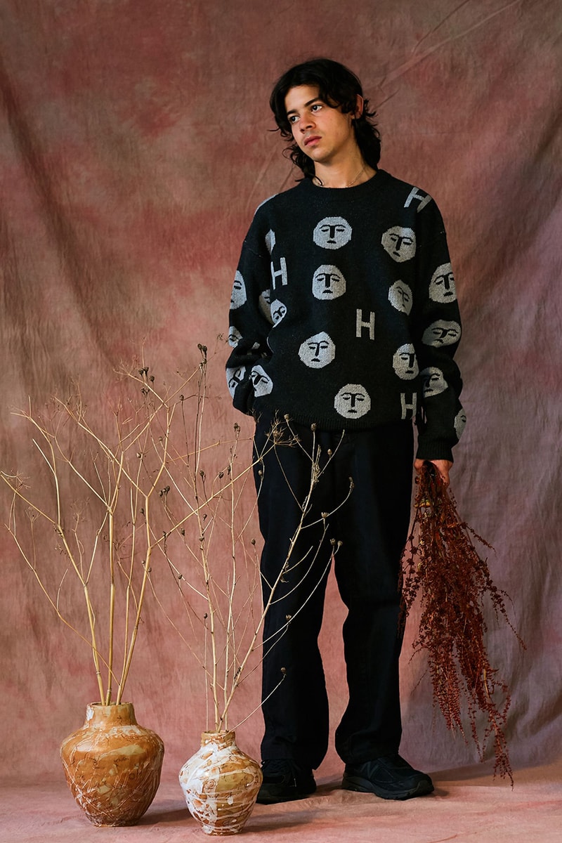 HERESY Fall Winter 2019 FW19 Collection Lookbook Arktis Collaboration "Growing" Folk Nomadic Prints Designs Blanket Scarf Outerwear Coats Camouflage Print Workwear Gloves Hats 