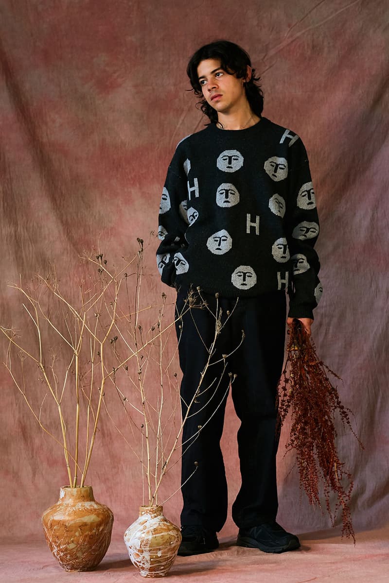 HERESY Fall Winter 2019 FW19 Collection Lookbook Arktis Collaboration "Growing" Folk Nomadic Prints Designs Blanket Scarf Outerwear Coats Camouflage Print Workwear Gloves Hats