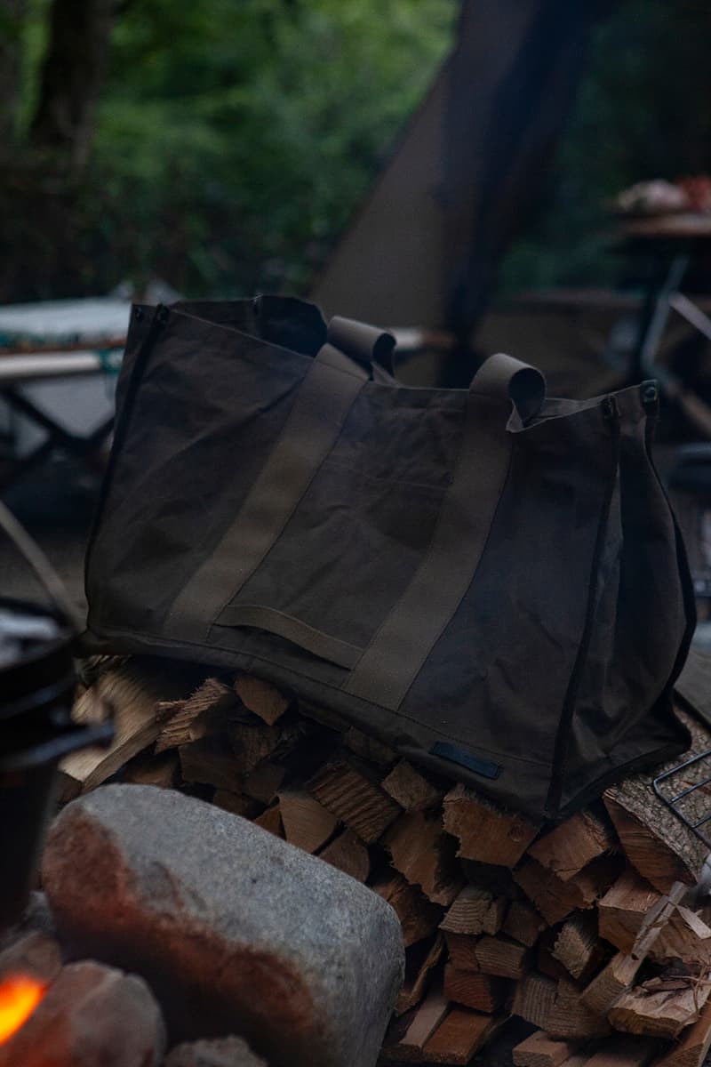 hobo x TRUCK Furniture "Takibi Bar" Season 2 Fashion Apparel Camping Gear Collection Campaign Photography Lookbooks Outdoors Tokyo Japan Paraffin Wax Coated Olive Canvas Items Utility Bag Folding Chair Tote Apron Low Table Pouch Case