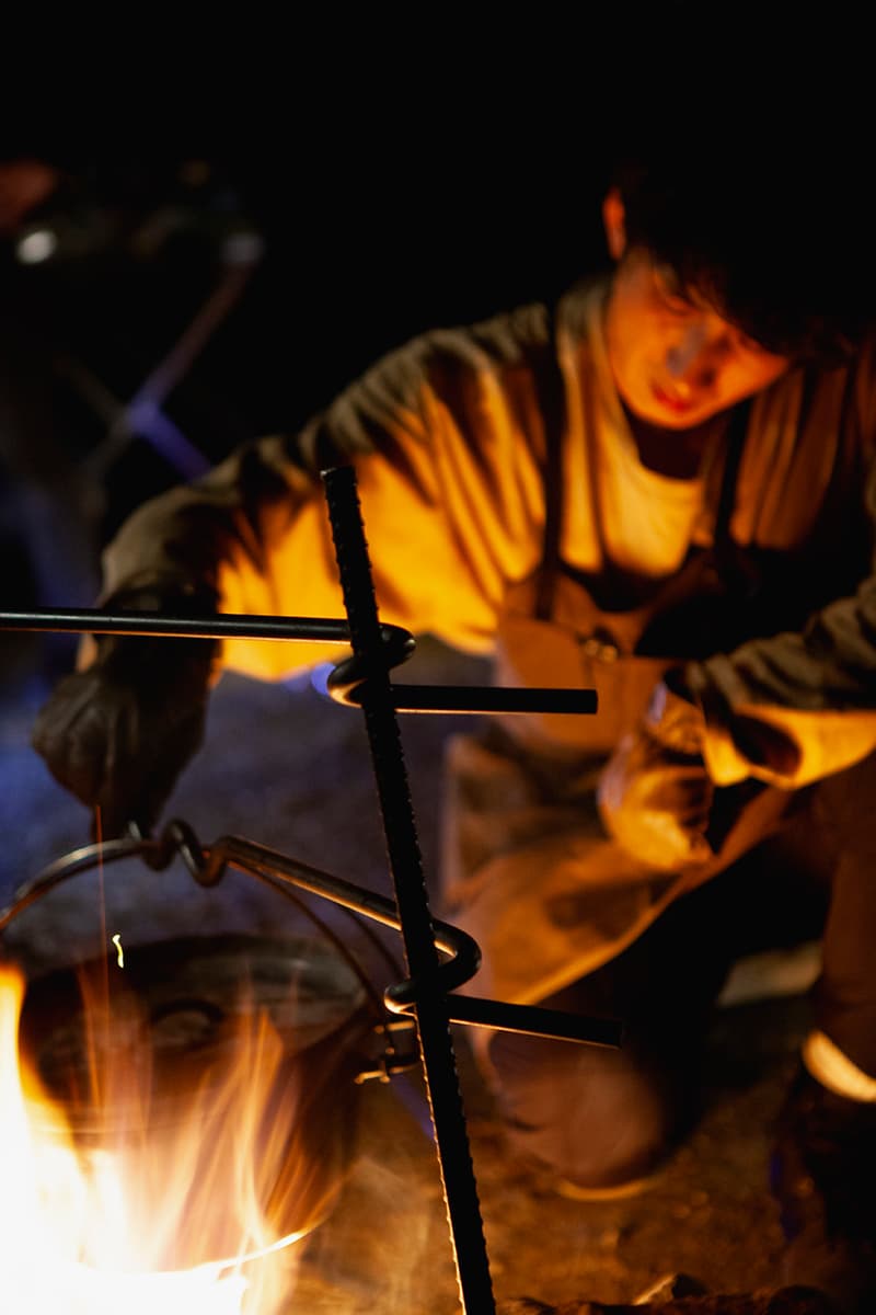 hobo x TRUCK Furniture "Takibi Bar" Season 2 Fashion Apparel Camping Gear Collection Campaign Photography Lookbooks Outdoors Tokyo Japan Paraffin Wax Coated Olive Canvas Items Utility Bag Folding Chair Tote Apron Low Table Pouch Case