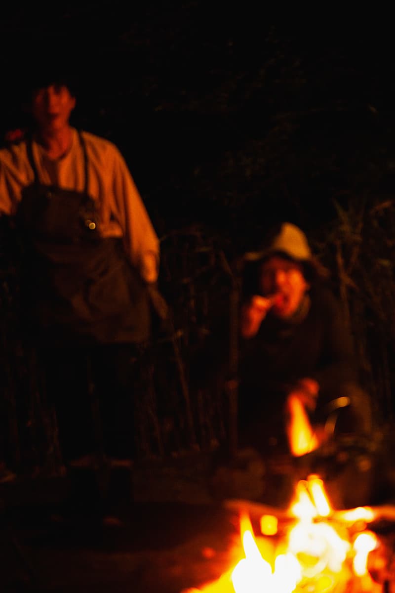 hobo x TRUCK Furniture "Takibi Bar" Season 2 Fashion Apparel Camping Gear Collection Campaign Photography Lookbooks Outdoors Tokyo Japan Paraffin Wax Coated Olive Canvas Items Utility Bag Folding Chair Tote Apron Low Table Pouch Case