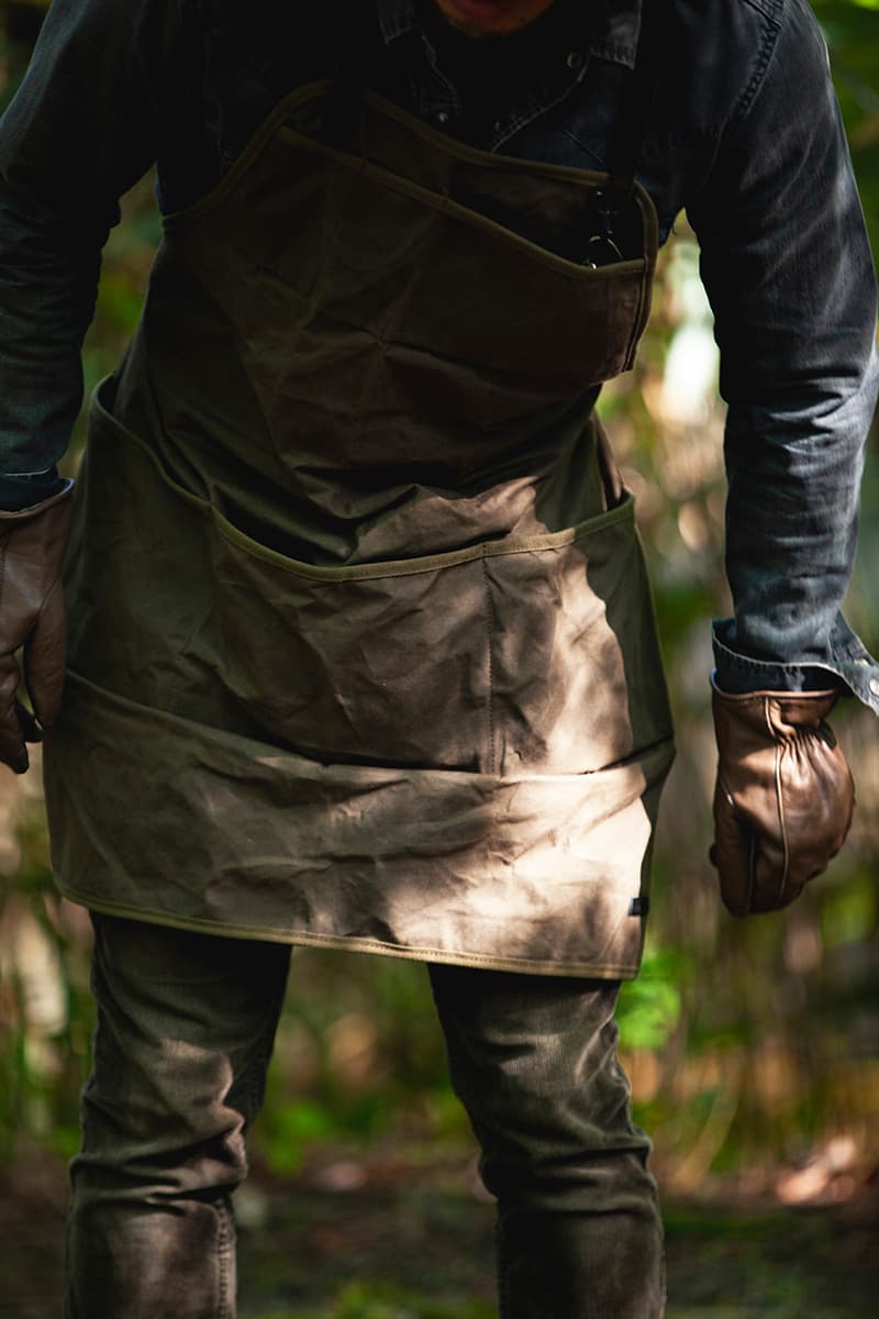 hobo x TRUCK Furniture "Takibi Bar" Season 2 Fashion Apparel Camping Gear Collection Campaign Photography Lookbooks Outdoors Tokyo Japan Paraffin Wax Coated Olive Canvas Items Utility Bag Folding Chair Tote Apron Low Table Pouch Case