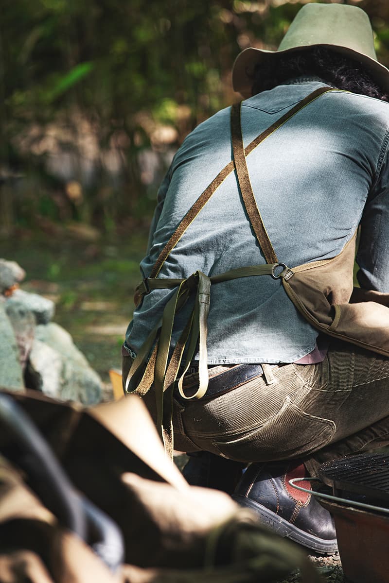 hobo x TRUCK Furniture "Takibi Bar" Season 2 Fashion Apparel Camping Gear Collection Campaign Photography Lookbooks Outdoors Tokyo Japan Paraffin Wax Coated Olive Canvas Items Utility Bag Folding Chair Tote Apron Low Table Pouch Case