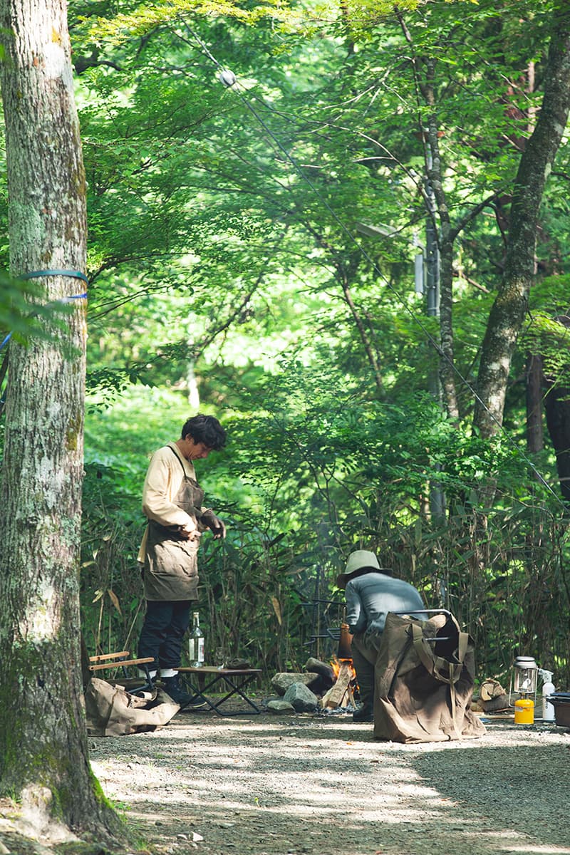 hobo x TRUCK Furniture "Takibi Bar" Season 2 Fashion Apparel Camping Gear Collection Campaign Photography Lookbooks Outdoors Tokyo Japan Paraffin Wax Coated Olive Canvas Items Utility Bag Folding Chair Tote Apron Low Table Pouch Case