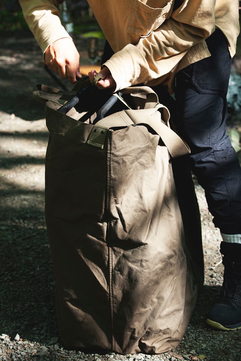 hobo x TRUCK Furniture "Takibi Bar" Season 2 Fashion Apparel Camping Gear Collection Campaign Photography Lookbooks Outdoors Tokyo Japan Paraffin Wax Coated Olive Canvas Items Utility Bag Folding Chair Tote Apron Low Table Pouch Case