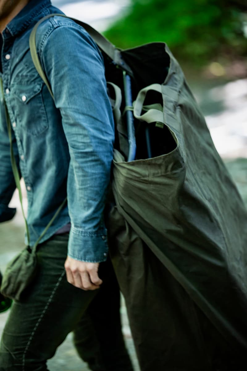 hobo x TRUCK Furniture "Takibi Bar" Season 2 Fashion Apparel Camping Gear Collection Campaign Photography Lookbooks Outdoors Tokyo Japan Paraffin Wax Coated Olive Canvas Items Utility Bag Folding Chair Tote Apron Low Table Pouch Case