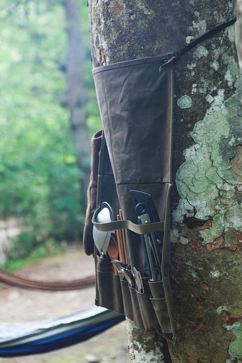 hobo x TRUCK Furniture "Takibi Bar" Season 2 Fashion Apparel Camping Gear Collection Campaign Photography Lookbooks Outdoors Tokyo Japan Paraffin Wax Coated Olive Canvas Items Utility Bag Folding Chair Tote Apron Low Table Pouch Case