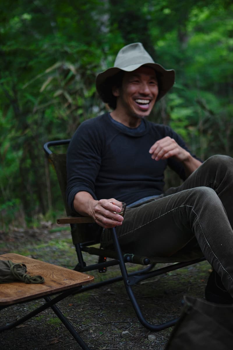 hobo x TRUCK Furniture "Takibi Bar" Season 2 Fashion Apparel Camping Gear Collection Campaign Photography Lookbooks Outdoors Tokyo Japan Paraffin Wax Coated Olive Canvas Items Utility Bag Folding Chair Tote Apron Low Table Pouch Case