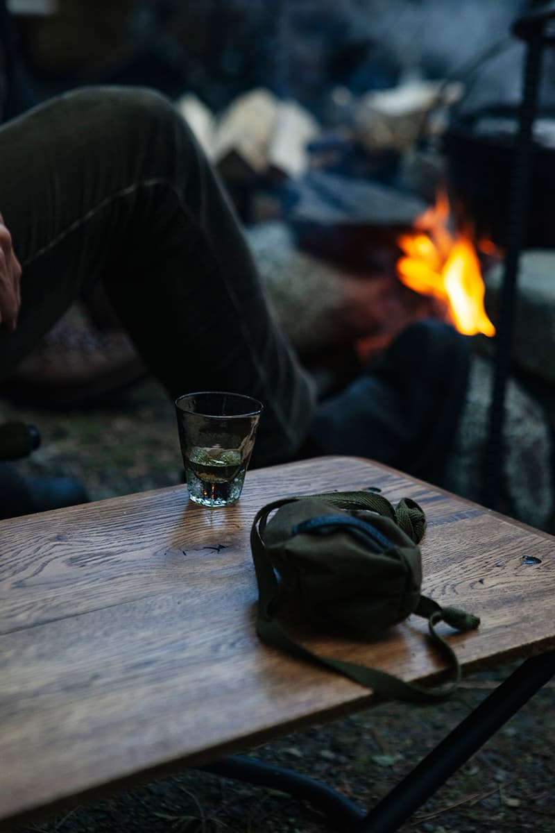hobo x TRUCK Furniture "Takibi Bar" Season 2 Fashion Apparel Camping Gear Collection Campaign Photography Lookbooks Outdoors Tokyo Japan Paraffin Wax Coated Olive Canvas Items Utility Bag Folding Chair Tote Apron Low Table Pouch Case