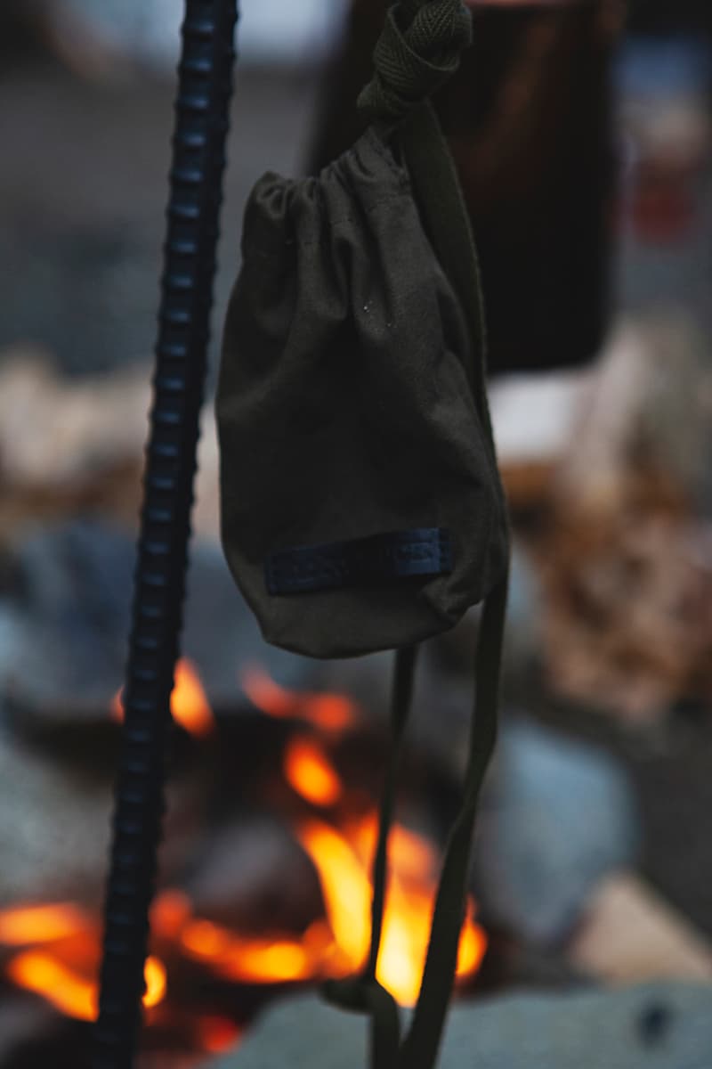 hobo x TRUCK Furniture "Takibi Bar" Season 2 Fashion Apparel Camping Gear Collection Campaign Photography Lookbooks Outdoors Tokyo Japan Paraffin Wax Coated Olive Canvas Items Utility Bag Folding Chair Tote Apron Low Table Pouch Case