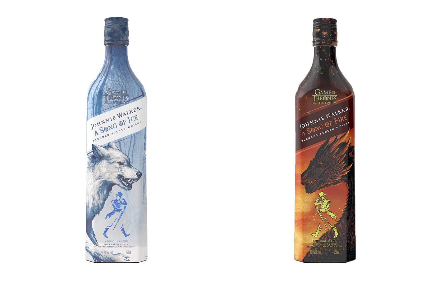 Johnnie Walker & 'Game of Thrones' Connect for Two New Whiskies A Song of Ice Blended Scotch Whisky A Song of Fire.
