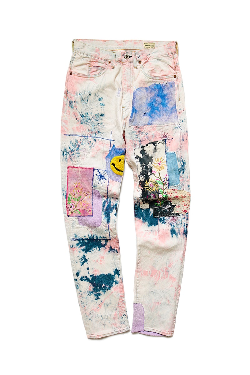 KAPITAL OKABILLY Gypsy Ashbury Dyed Patchwork Jeans release info price date "12oz Broken Denim OKABILLY Gypsy Patch Remake (ASHBURY DYED)" smiley face drop 