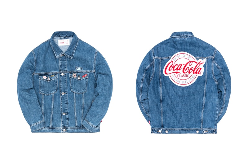KITH Coca Cola 2019 Capsule Brand red white black windbreaker polo shirt enamel pin denim jacket indigo american heritage iconic sneakers glasses surfboards skateboards Full Look