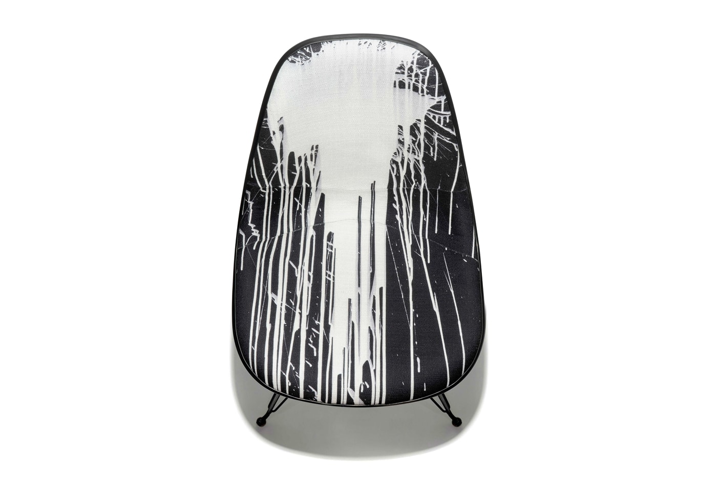 Krink Modernica Fiberglass Shell Chair Case Study Furniture Dripping black white edge trim eiffel base logo new york brooklyn upholstered metal tonal