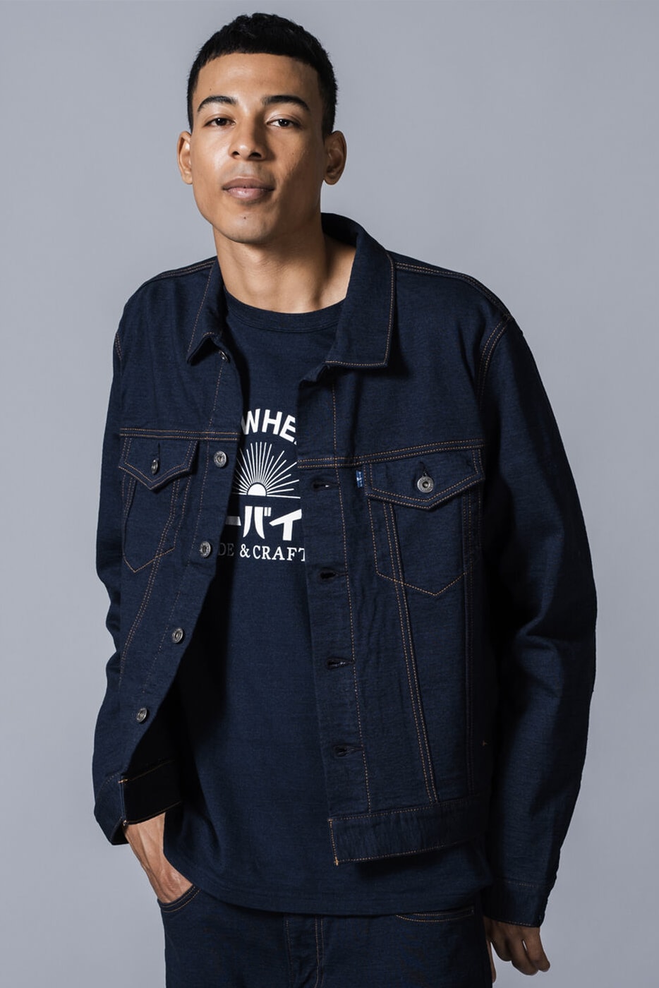Loopwheeler Levis Made and Crafted Capsule French terry fleece 20th anniversary hanging knitting machine 502 trucker jacket navy candy dyeing made in japan