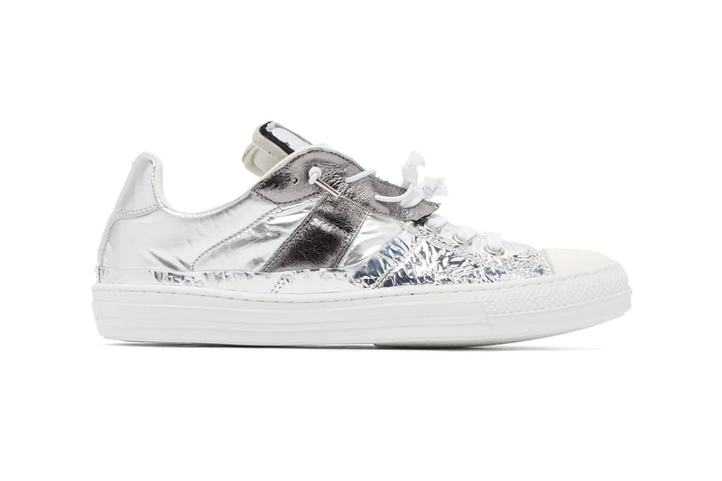 Maison Margiela Metallic Leather Trainers futuristic deconstructed panels trim silver toned fabric textiles sneakers footwear white grey distressed foil