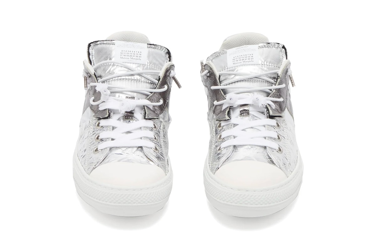 Maison Margiela Metallic Leather Trainers futuristic deconstructed panels trim silver toned fabric textiles sneakers footwear white grey distressed foil