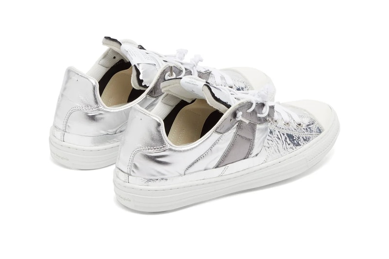 Maison Margiela Metallic Leather Trainers futuristic deconstructed panels trim silver toned fabric textiles sneakers footwear white grey distressed foil