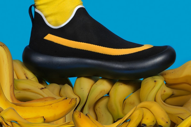 marni banana sneakers pop art design inspiration fall winter 2019 release date slip-on laces black yellow mens colorway rubber curved sole stretch knit upper 