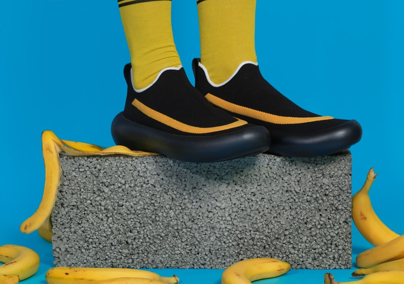 marni banana sneakers pop art design inspiration fall winter 2019 release date slip-on laces black yellow mens colorway rubber curved sole stretch knit upper 