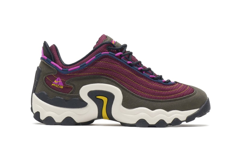 Nike ACG Air Skarn Sequoia Vivid Purple Bright Citron stitching suede insert rubber chunky silhouette footwear sneaker shoe piping foam swoosh