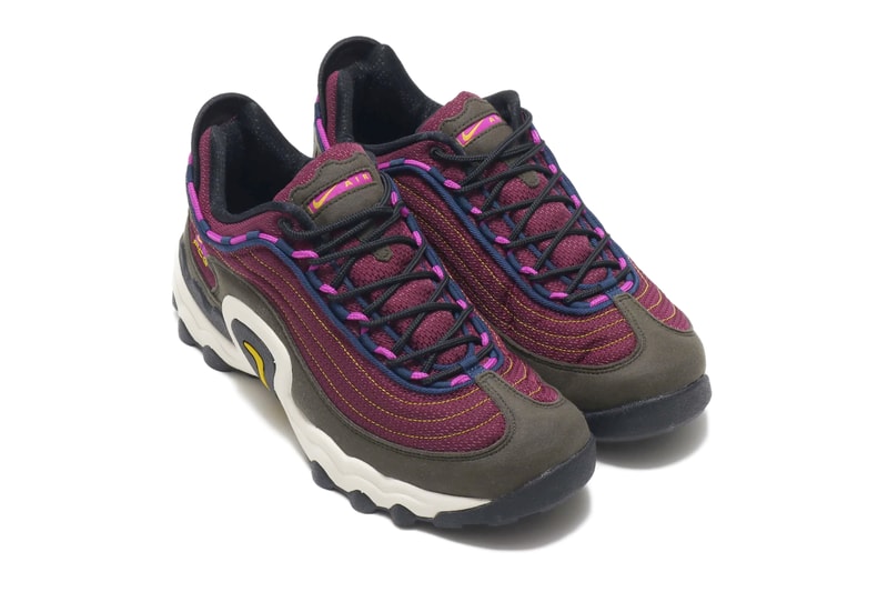 Nike ACG Air Skarn Sequoia Vivid Purple Bright Citron stitching suede insert rubber chunky silhouette footwear sneaker shoe piping foam swoosh