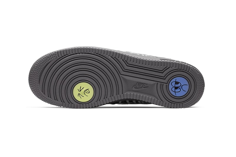 Nike Air Force 1 07 Premium Off Noir Pure Platinum face doodles art outsole midsole teal transparent rubber swoosh air unit cushioning footwear sneakers
