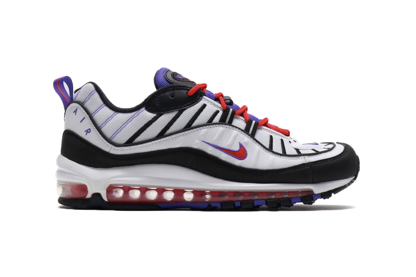 Nike Air Max 98 White Psychic Purple footwear sneakers raptors toronto nba air unit sole cushioning technology mesh leather round laces bubbles translucent