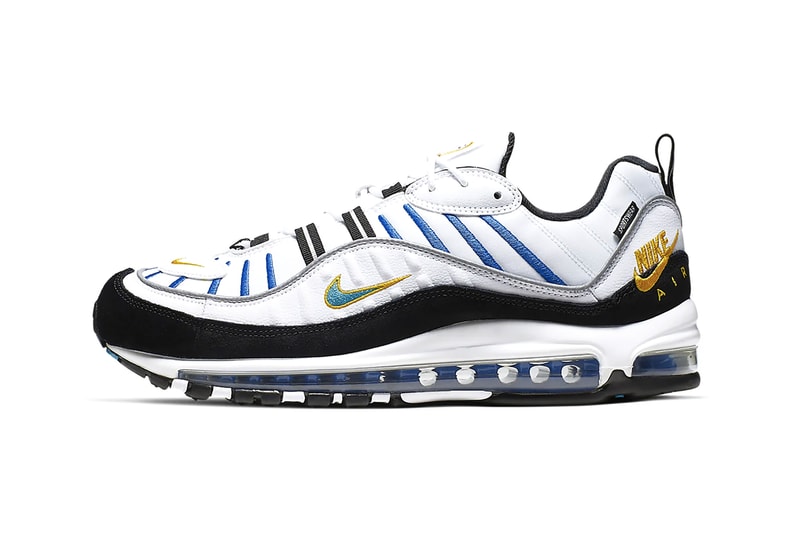 Nike Air Max 98 Premium White Teal Nebula University Gold rubber tag sneaker footwear silhouette runner trainer lifestyle windbreaker embroidery