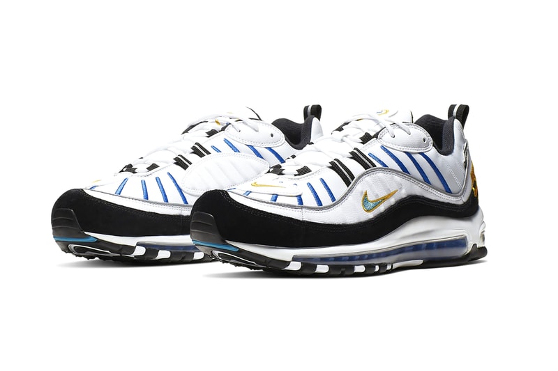 Nike Air Max 98 Premium White Teal Nebula University Gold rubber tag sneaker footwear silhouette runner trainer lifestyle windbreaker embroidery
