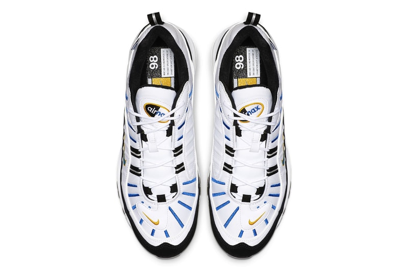 Nike Air Max 98 Premium White Teal Nebula University Gold rubber tag sneaker footwear silhouette runner trainer lifestyle windbreaker embroidery