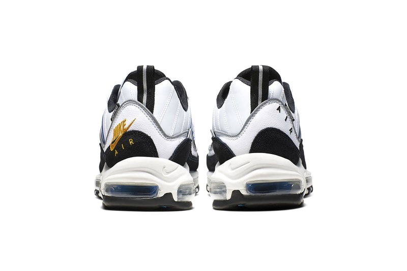 Nike Air Max 98 Premium White Teal Nebula University Gold rubber tag sneaker footwear silhouette runner trainer lifestyle windbreaker embroidery