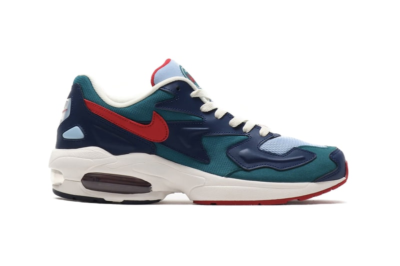 Nike Air Max2 Light Geode Teal Gym Red DESERT SAND COURT PURPLE SAIL PUMICE air unit midsole ecru rubber heel logo tinted bubbles sneaker 1994 silhouette