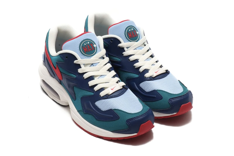 Nike Air Max2 Light Geode Teal Gym Red DESERT SAND COURT PURPLE SAIL PUMICE air unit midsole ecru rubber heel logo tinted bubbles sneaker 1994 silhouette